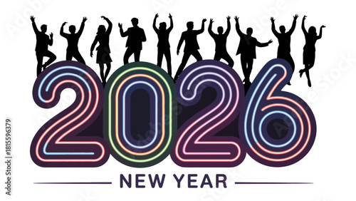 New Year 2026 Celebration: Illustrative image for New Year's, with silhouettes of people celebrating above colorful, vibrant numerals for the year 2026.