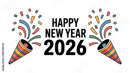 New Year 2026 Celebration: A festive illustration announcing Happy New Year 2026, with confetti bursting forth from party poppers, creating a celebratory atmosphere.
