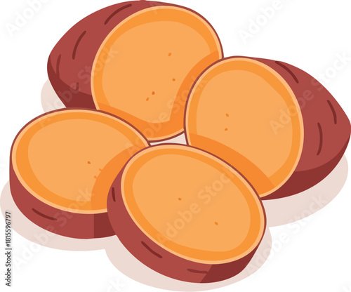 Illustration of four cut sweet potatoes on a white background with brown skin and orange flesh.