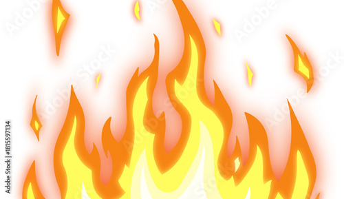 Fire flames burning brightly with glowing embers on transparent background