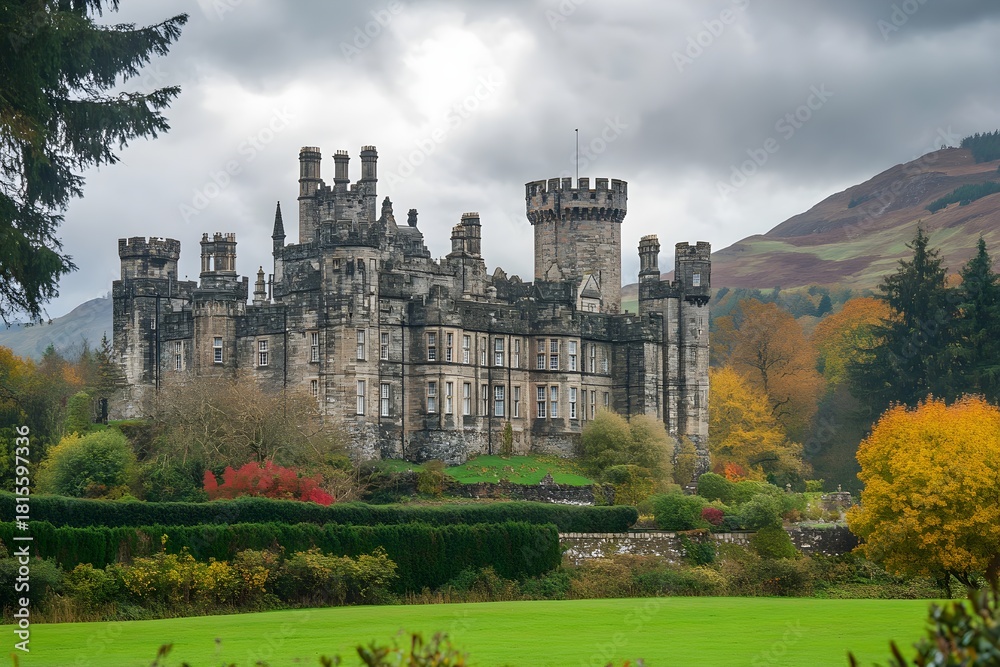 Fototapeta premium Grand Scottish castle surrounded by vibrant autumn foliage and green lawns