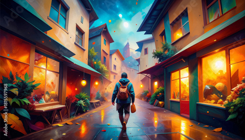 Vibrant fantasy village glowing with warm neon lights. Magical night street filled with color and mystery. Enchanted alley with warm glowing shop windows. Dreamlike neon village lit