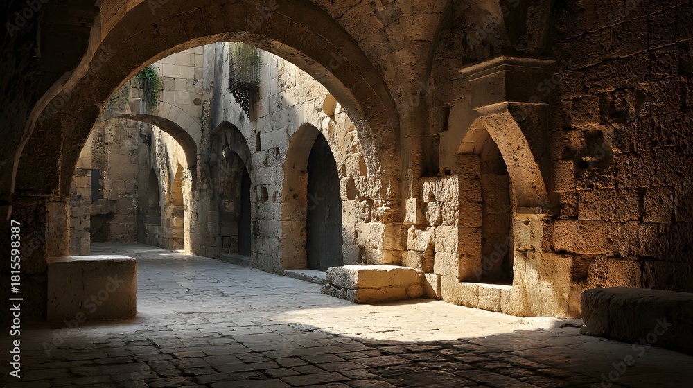 Obraz premium Ancient stone vaulted corridor illuminated by dramatic shafts of sunlight