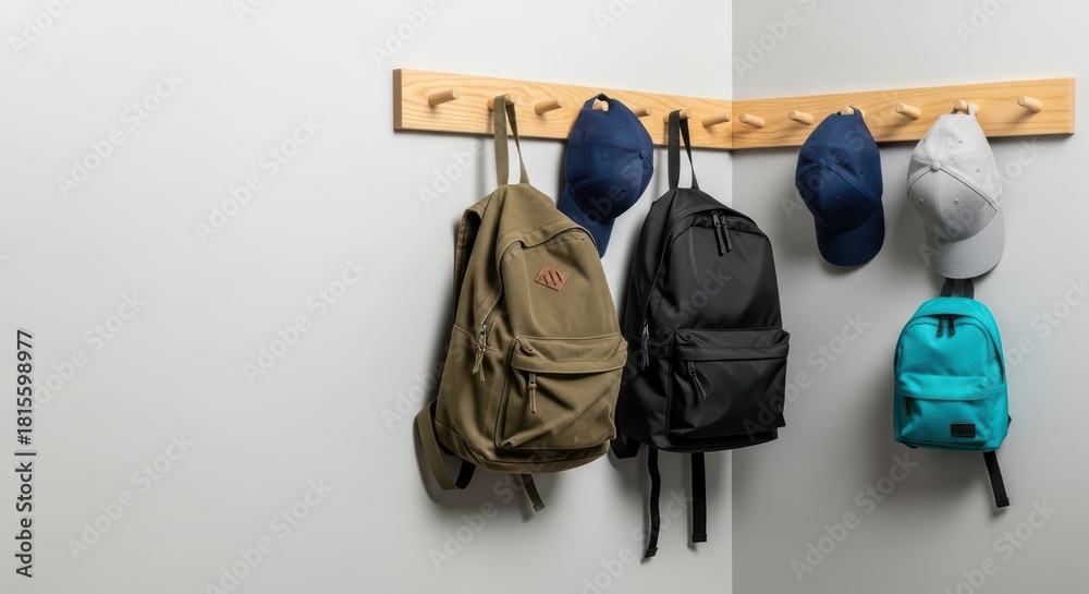 Naklejka premium Assorted backpacks and caps on wooden wall hooks