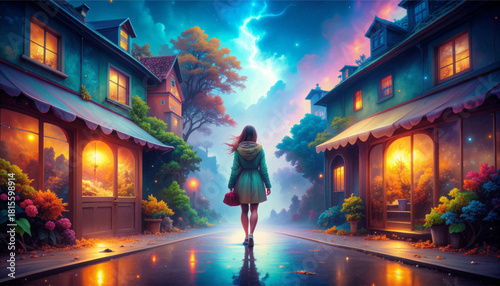 Dreamy neon-lit street glowing with magical colors. Vibrant fantasy alley illuminated by surreal colors. Enchanted neon street bursting with vivid evening light