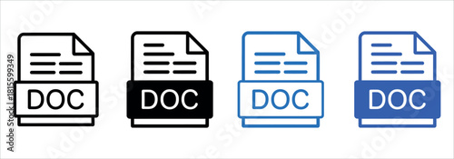 Professional document format icons for software interface, website design or application development, representing .doc file in black and blue.