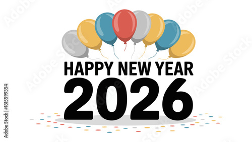 New Year's Celebration: Colorful balloons and confetti against a backdrop of a festive inscription, heralding the arrival of a New Year and the dawn of 2026.