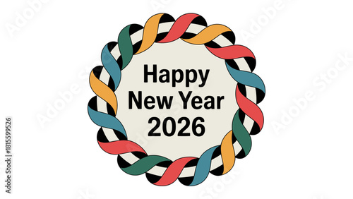 Joyful New Year's Circle of 2026: A vibrant and colorful design wishing Happy New Year 2026  with the intertwining loop pattern in circle creating a festive and optimistic atmosphere.