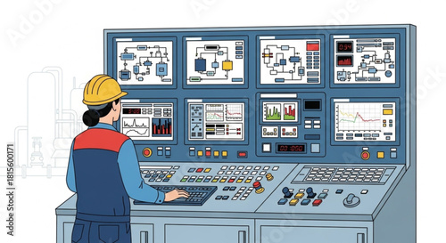 Process Control Engineer Managing Multi-Screen Monitoring Panel flat vector