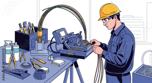 Fiber Optic Splicing Technician Working With Precision Cable Tools