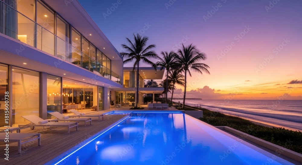 Fototapeta premium Luxury villa with glowing infinity pool overlooking ocean at sunset