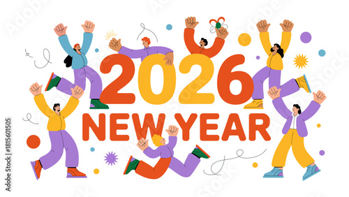 2026 New Year Celebration: Illustrating a jubilant celebration as the dawn of 2026 arrives. It's a colorful spectacle as diverse figures, symbols of unity.