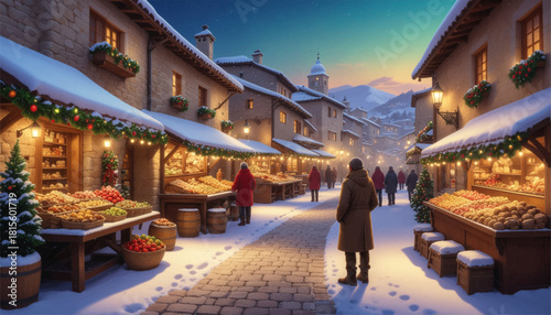 Warm winter village market glowing at sunrise. Cozy snowy market street lit with golden warmth. Sunrise winter market filled with rustic charm. Peaceful snowy village glowing in early morning light