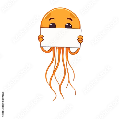 Orange cartoon jellyfish holds a blank white sign
