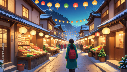 Lantern-lit winter market glowing with festive colors. Snowy night street shining with warm Asian lanterns. Colorful lantern market glowing in winter evening
