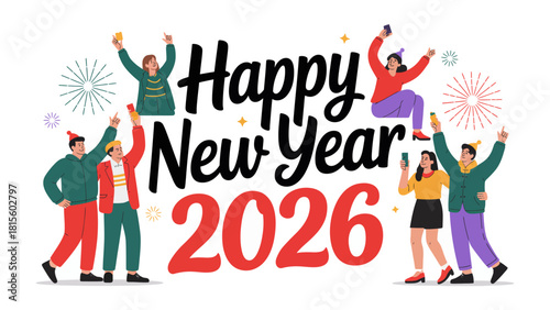 New Year Celebration 2026: A vibrant and celebratory scene unfolds, with a diverse group of people joyfully ushering in the New Year.