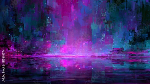 Vibrant abstract depiction suggests a futuristic cityscape reflected on water surface