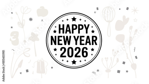 New Year 2026 Celebration: A festive emblem, adorned with stars, heralding the arrival of the New Year 2026, amid delicate floral motifs, conveying a sense of fresh beginnings and joyous anticipation.