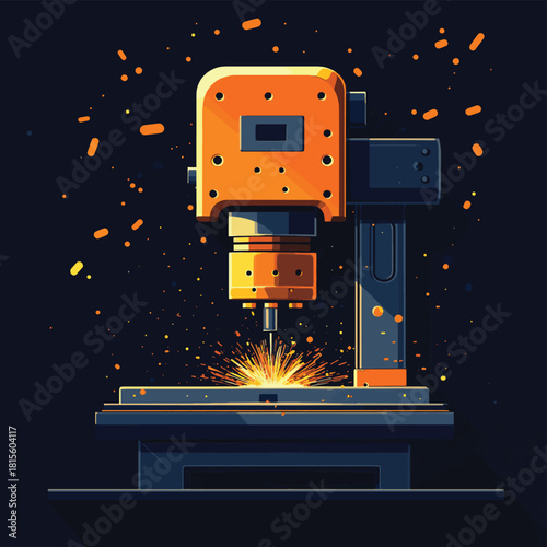 Industrial hydraulic press crushing metal components with sparks , vector style simple color