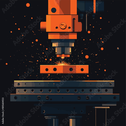 Industrial hydraulic press crushing metal components with sparks , vector style simple color