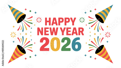 Happy New Year 2026: Festive, colorful new year celebratory banner with party poppers and colorful confetti, heralding the arrival of a joyful new year.