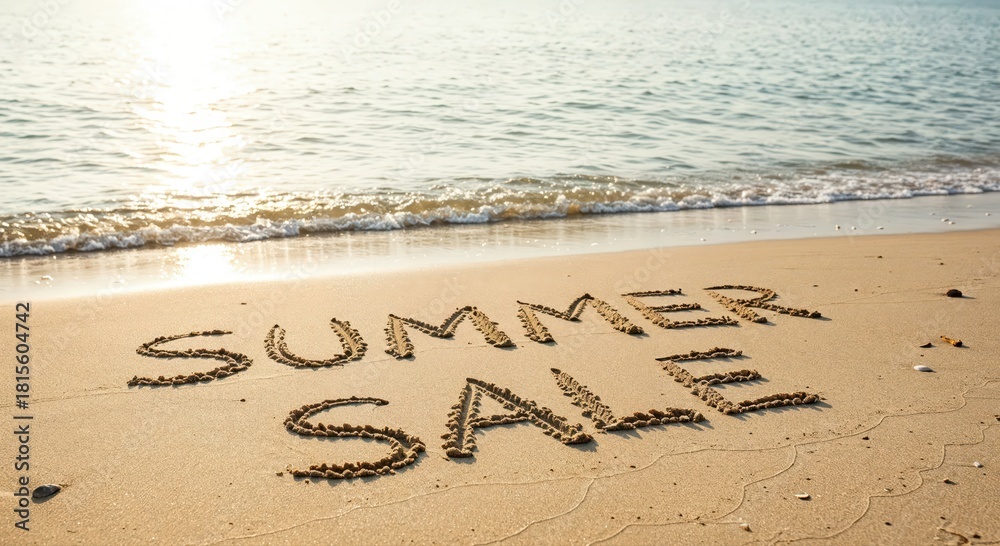 Fototapeta premium Summer Sale at the Beach: Summer Sale inscription etched into the sun-kissed sands of a beautiful beach. The tranquil ocean laps gently at the shore, reflecting the warm sunlight.