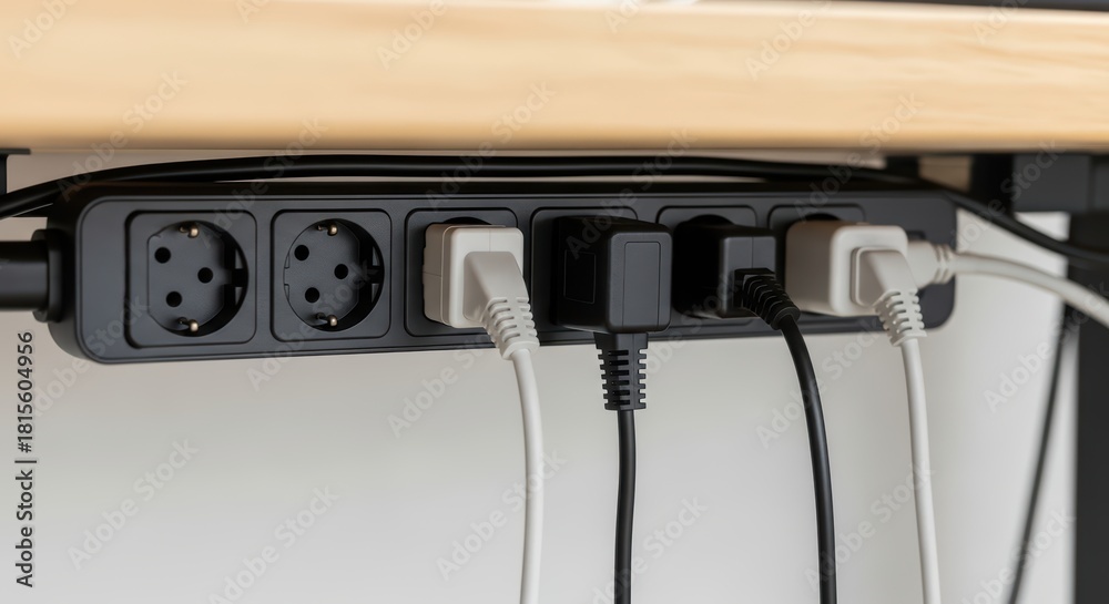 Obraz premium Organized power strip with multiple plugs neatly arranged under desk