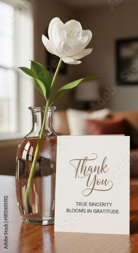 Tulip in a Vase with a Thank You Card on a Wooden Table