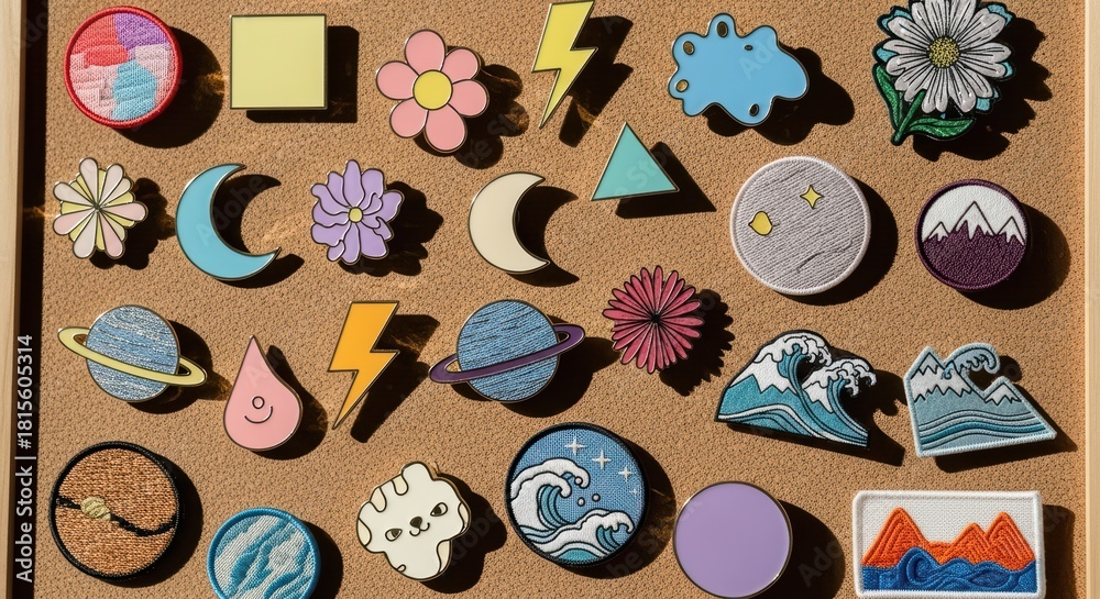 Obraz premium Collection of colorful enamel pins displaying various shapes and designs on corkboard