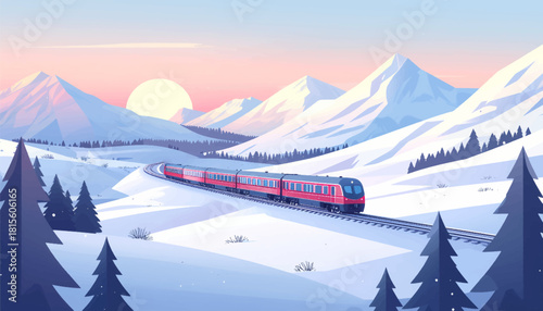Winter sunrise train gliding through snowy valleys. Soft pastel mountains with morning express train. Snowy dawn landscape featuring long red train. Peaceful winter horizon with sunrise railway