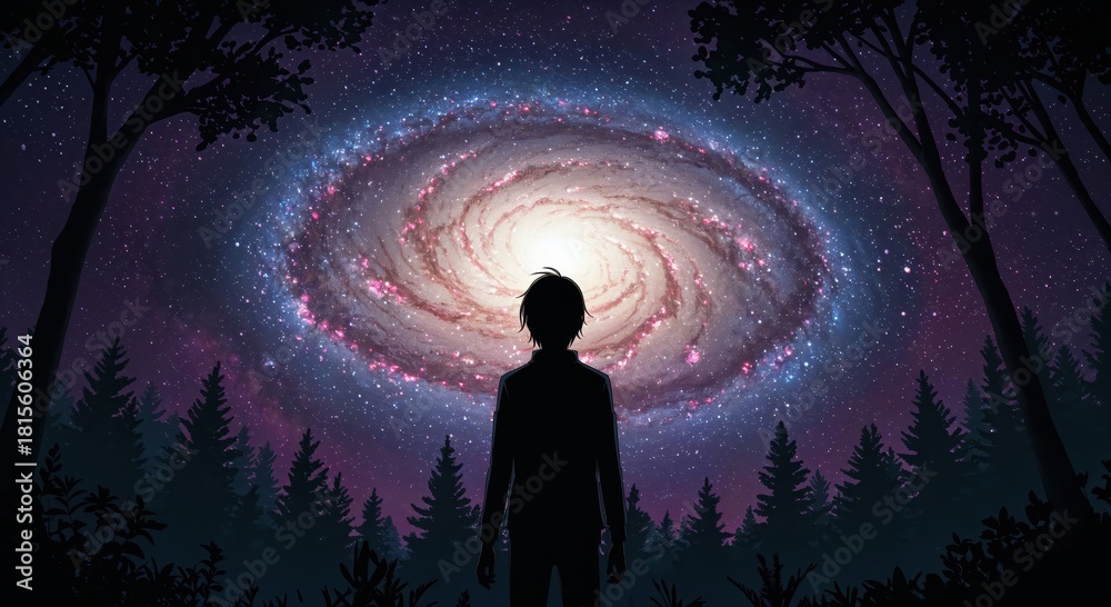 Obraz premium Stargazer's Gaze: A silhouette of a person gazing up in wonder at a vibrant spiral galaxy, enveloped by a dark, mystical forest and an evening sky full of celestial marvels.