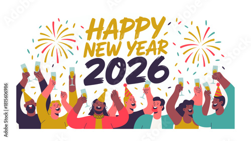 New Year's Eve Cheers and Celebrations: A lively crowd, brimming with joy and anticipation, raises their glasses in a toast, as fireworks burst across the night sky, ushering in the New Year. 