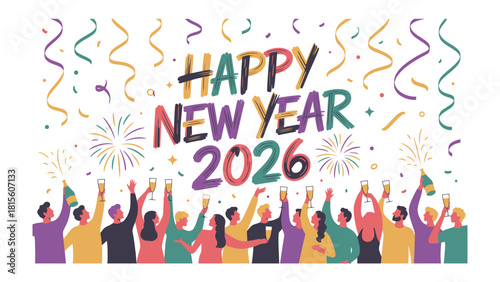 Celebratory Toast: a vibrant illustration capturing a joyous New Year's Eve celebration with people raising their glasses in a toast, festive streamers and fireworks filling the sky.