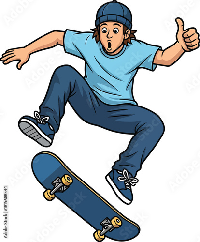 Excited Skateboarder Doing Aerial Trick and Thumbs Up