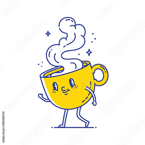 Whimsical coffee character illustration with playful charm and steaming delight