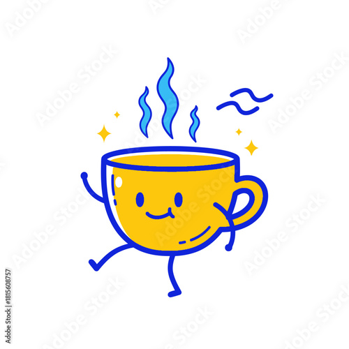 Animated coffee cup with a smiling face exuding positive energy on a clean background