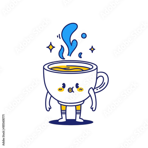 Animated coffee cup character cheerfully steaming with playful design elements