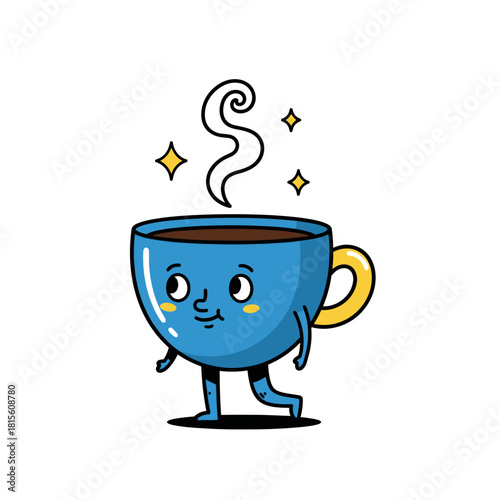 Animated coffee cup character walking with steam and sparkling stars for breakfast time