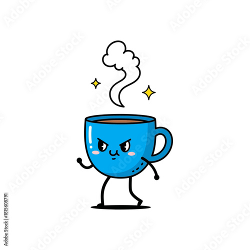 Animated coffee cup character with steam and a determined expression on a white background