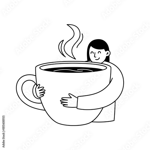 Cozy warmth: A woman embraces a large cup of coffee, simple line art depiction of comfort and care