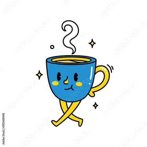 Animated coffee cup character with steam and stars against a plain background