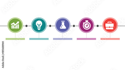 Circular Business Process Infographic Displaying Five Steps with Icons and Color Coded Progress