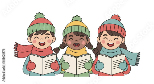 Whimsical trio singing carols in winter attire showcasing festive holiday spirit spreading joy