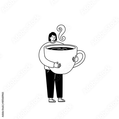 A whimsical illustration of a person embracing a giant steaming cup of coffee warmly