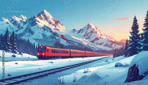 Red mountain train gliding through snowy forest hills. Alpine winter route with bright express train. Snowy pine valley crossed by vibrant red railway. Winter rail journey under towering mountain peak
