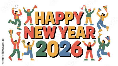 Happy New Year 2026 Celebration: A lively illustration of people celebrating New Year 2026. This dynamic visual embodies the excitement, hope, and celebratory spirit of the New Year.