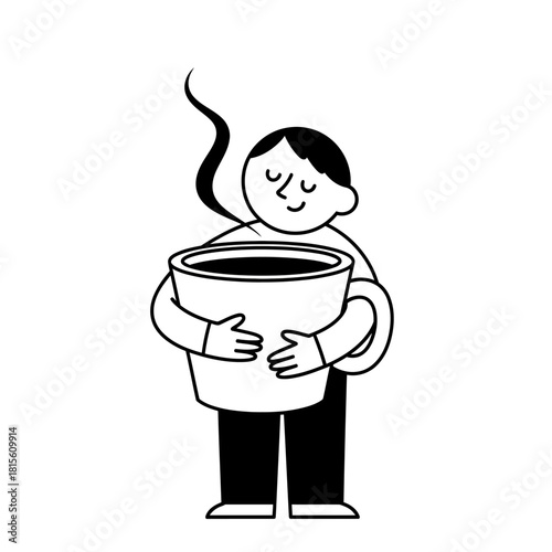 Man embracing steaming coffee cup illustrating warmth and comfort in monochrome simplicity
