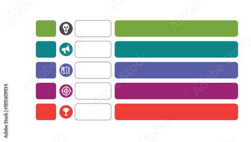 Colorful Horizontal Process Infographic Featuring Icons, Text Boxes, and Five Stages for Presentation