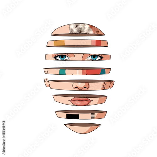 Deconstructed facial artwork showcases fragmented portrait with intriguing layers