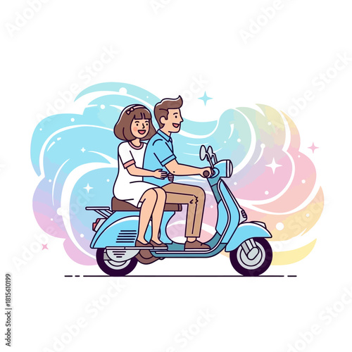 Enchanting scooter ride through dreamy clouds a charming couple's joyful journey